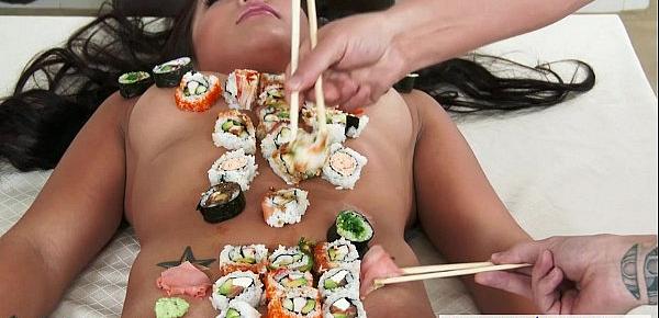  Beauty asian Morgan Lee serve sushi on her naked body